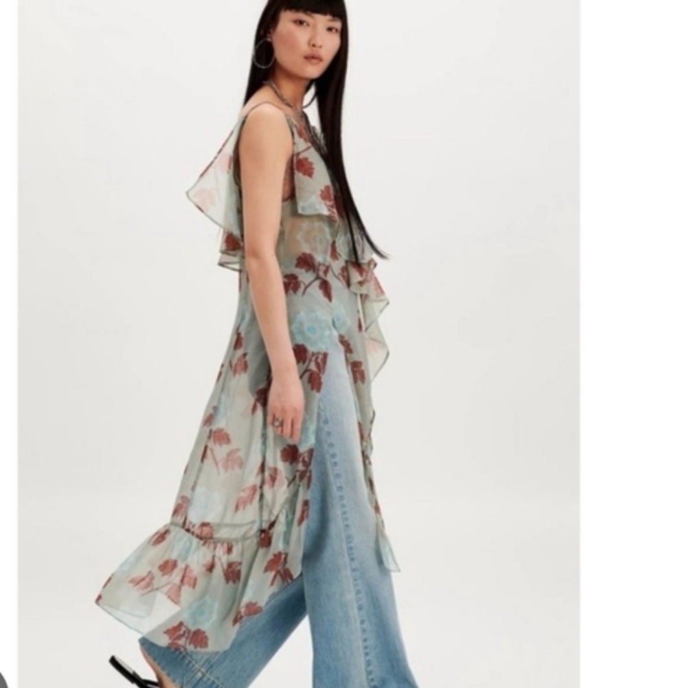 Free People Sunfaded blue brown Sheer Floral multi Slip Dress size XS brand new